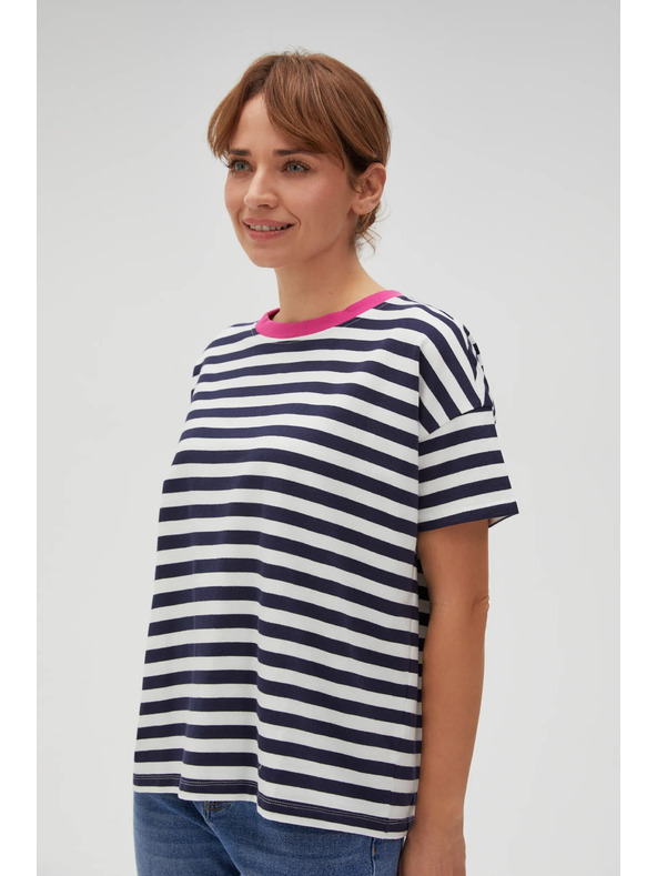 Moodo Kék-fehér csíkos póló rózsaszín gallérral