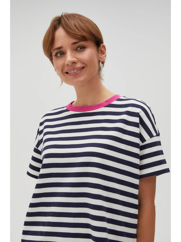 Moodo Kék-fehér csíkos póló rózsaszín gallérral