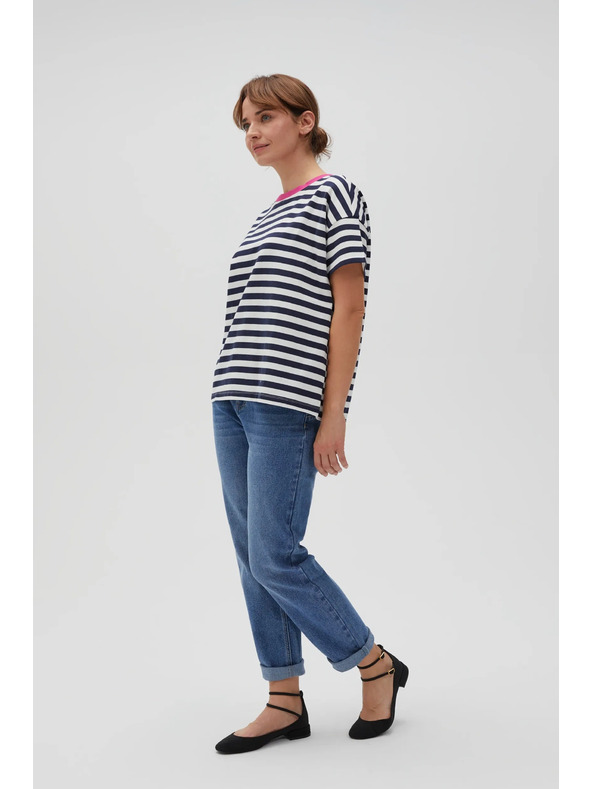Moodo Kék-fehér csíkos póló rózsaszín gallérral