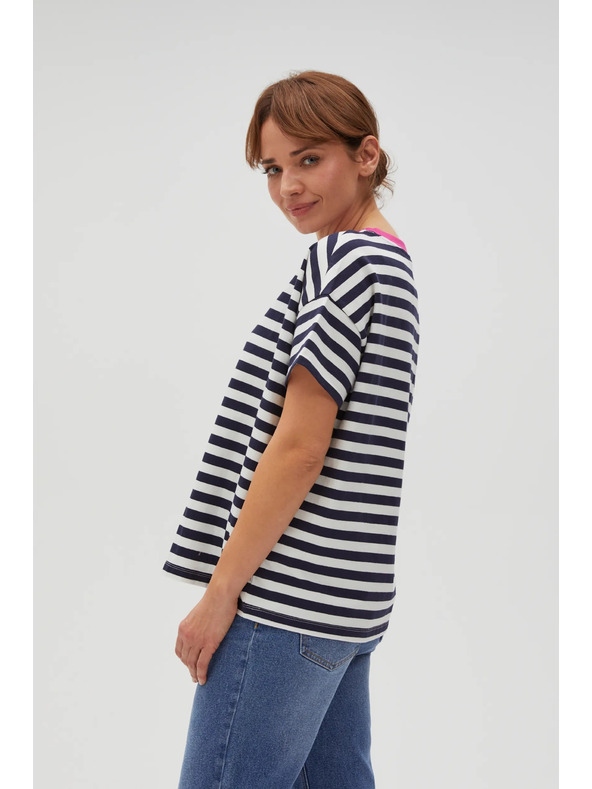 Moodo Kék-fehér csíkos póló rózsaszín gallérral