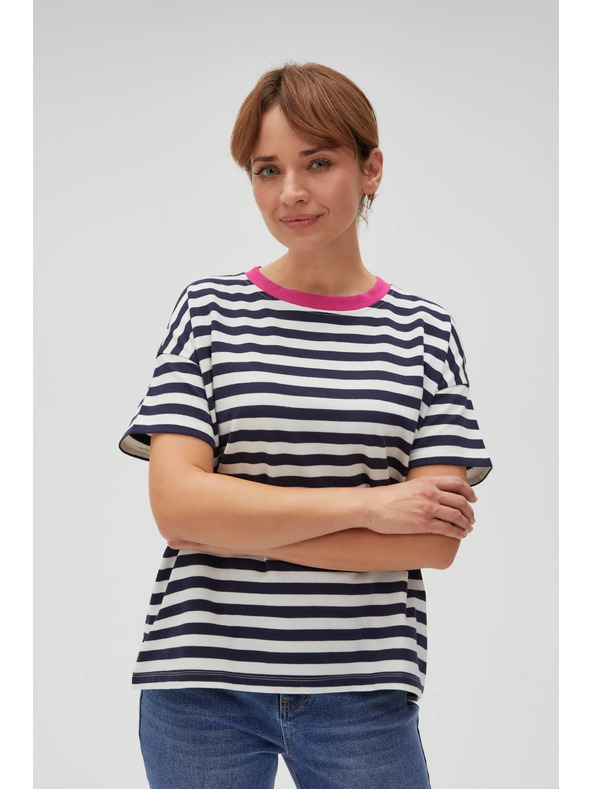 Moodo Kék-fehér csíkos póló rózsaszín gallérral