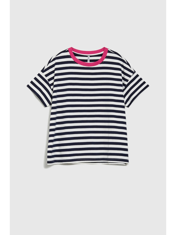 Moodo Kék-fehér csíkos póló rózsaszín gallérral