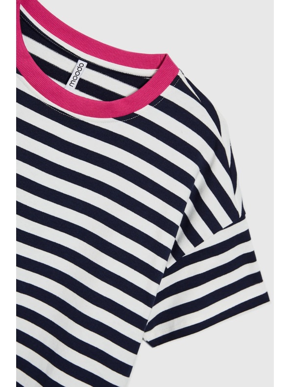 Moodo Kék-fehér csíkos póló rózsaszín gallérral