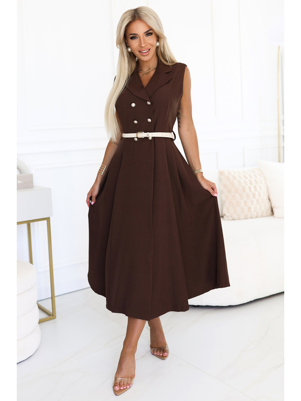 numoco Elegáns midi ing ruha arany gombokkal és övvel - csokoládébarna