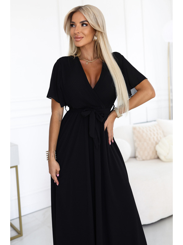 numoco Hosszú ruha pliszírozott nyakkivágással és megkötővel - fekete