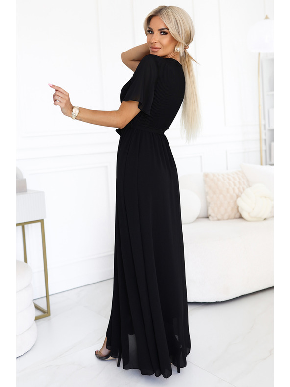 numoco Hosszú ruha pliszírozott nyakkivágással és megkötővel - fekete