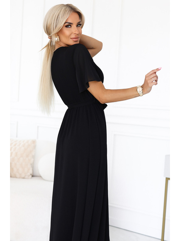 numoco Hosszú ruha pliszírozott nyakkivágással és megkötővel - fekete