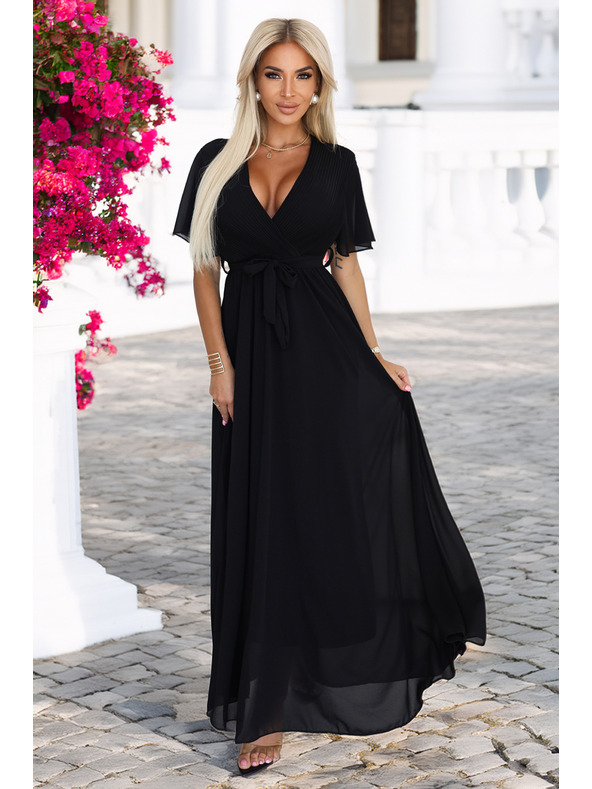 numoco Hosszú ruha pliszírozott nyakkivágással és megkötővel - fekete