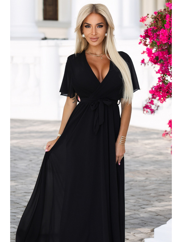 numoco Hosszú ruha pliszírozott nyakkivágással és megkötővel - fekete
