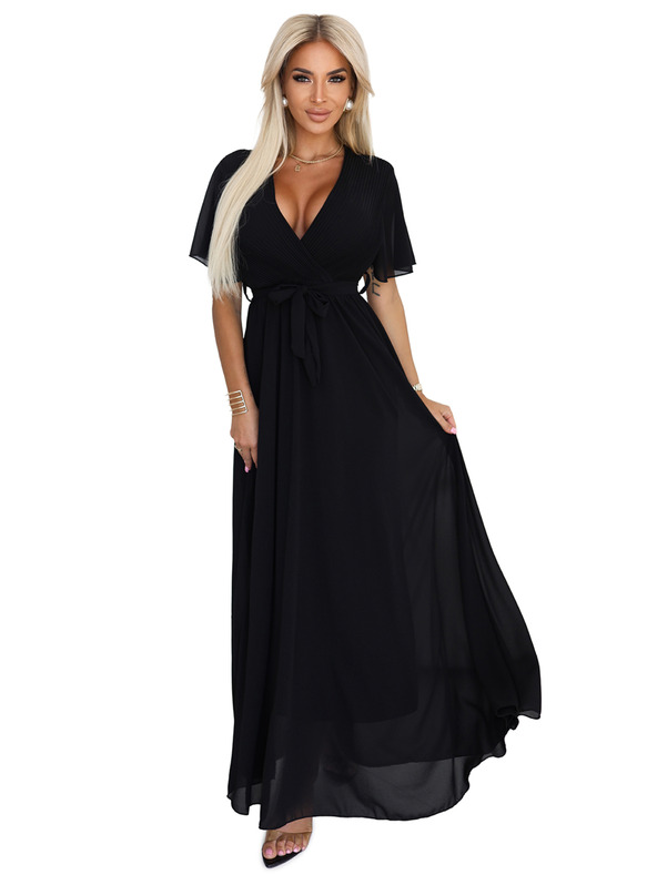 numoco Hosszú ruha pliszírozott nyakkivágással és megkötővel - fekete