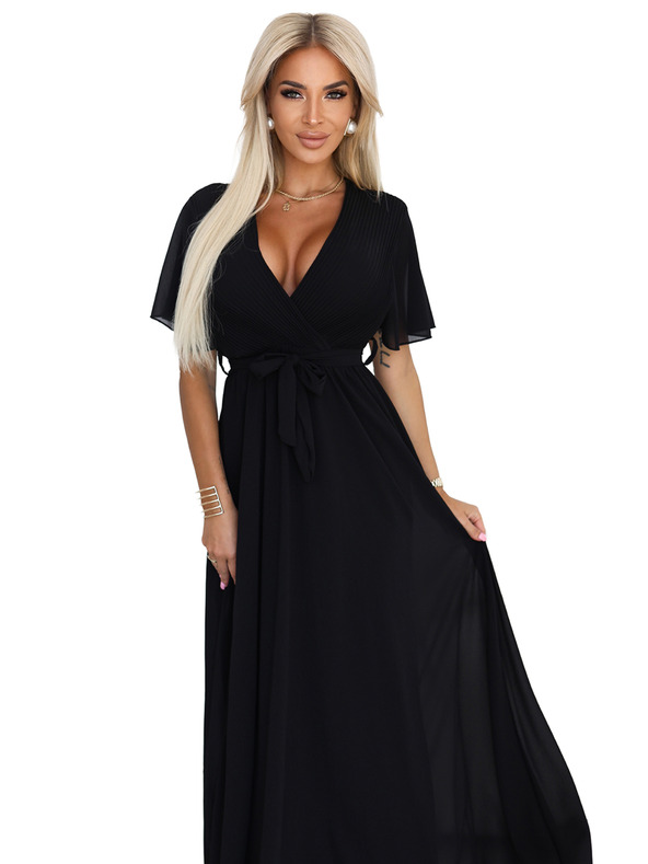 numoco Hosszú ruha pliszírozott nyakkivágással és megkötővel - fekete