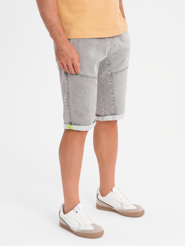 Ombre Clothing Férfi farmer rövidnadrág díszvarrással - világosszürke