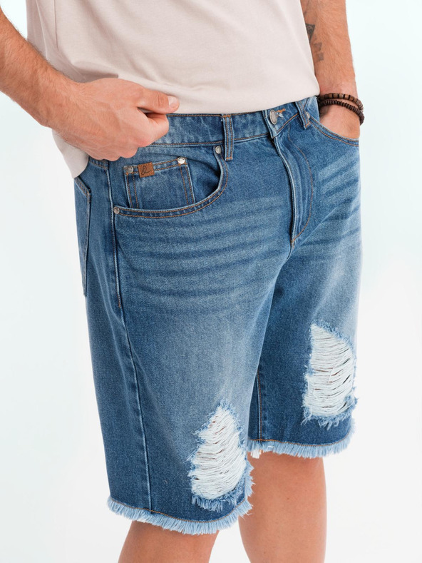 Ombre Clothing Férfi farmer rövidnadrág lyukakkal és szakadásokkal - kék