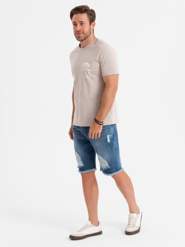 Ombre Clothing Férfi farmer rövidnadrág lyukakkal és szakadásokkal - kék