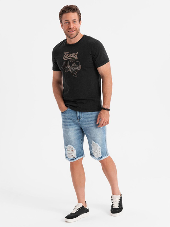 Ombre Clothing Férfi rövid farmerrövidnadrág lyukakkal és szakadásokkal - világoskék