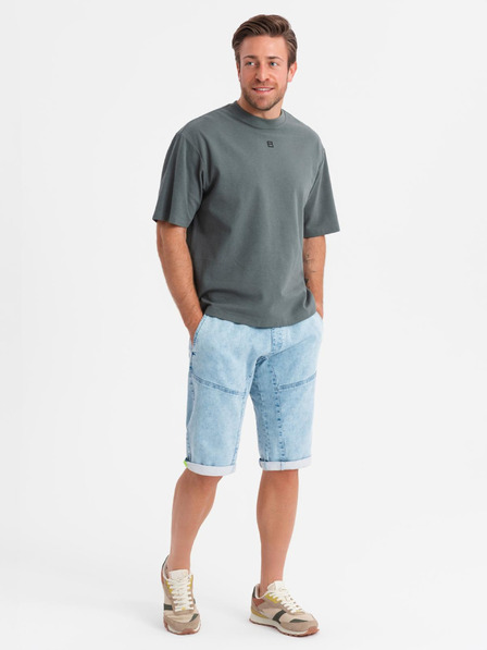 Ombre Clothing Férfi rövid farmer rövidnadrág díszvarrással - világoskék