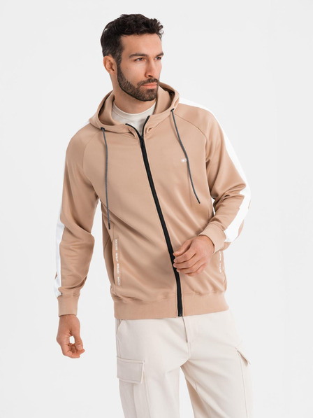 Ombre Clothing Férfi cipzáras kapucnis pulóver szegéllyel - bézs