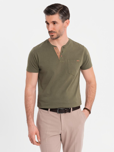 Ombre Clothing Férfi póló gombos nyakkivágással és velúr szegéllyel - sötét olíva