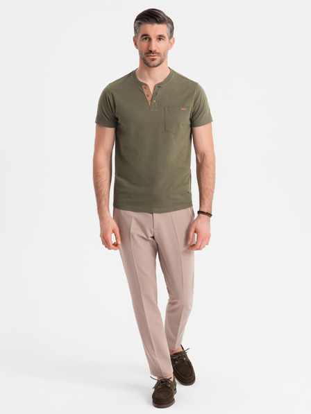 Ombre Clothing Férfi póló gombos nyakkivágással és velúr szegéllyel - sötét olíva
