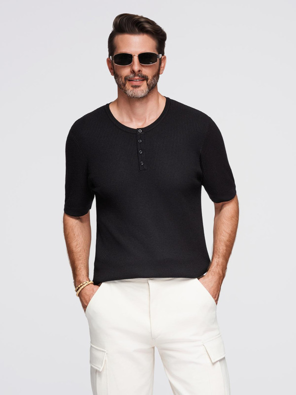 Ombre Clothing Férfi kötött póló gombos nyakkivágással - fekete