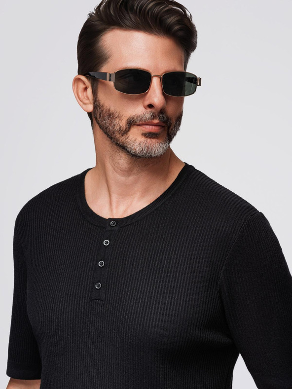 Ombre Clothing Férfi kötött póló gombos nyakkivágással - fekete