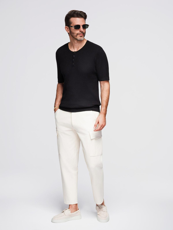 Ombre Clothing Férfi kötött póló gombos nyakkivágással - fekete