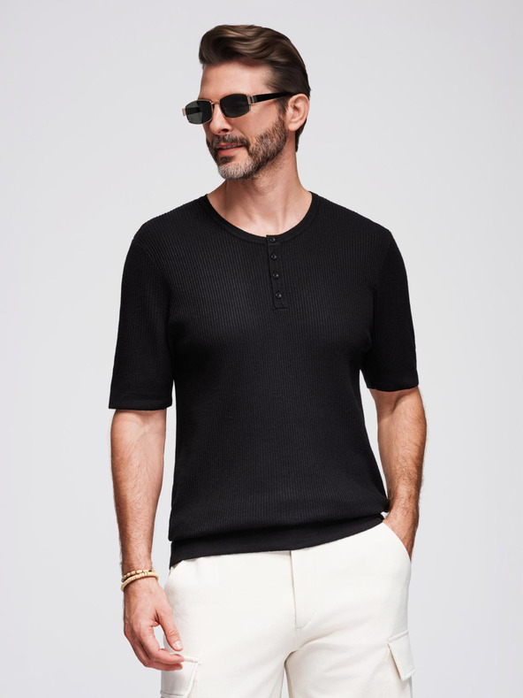 Ombre Clothing Férfi kötött póló gombos nyakkivágással - fekete