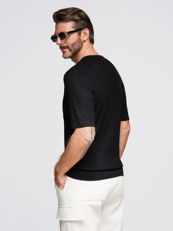 Ombre Clothing Férfi kötött póló gombos nyakkivágással - fekete