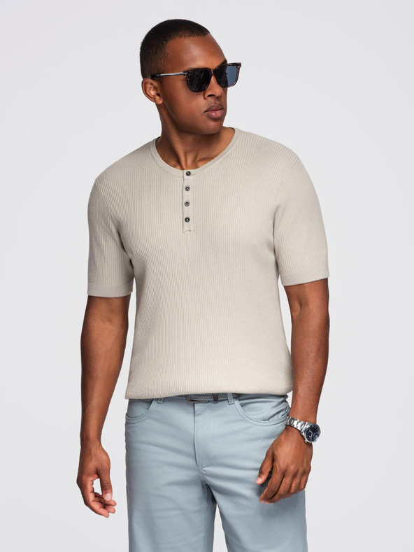 Ombre Clothing Férfi kötött póló gombos nyakkivágással - világosszürke