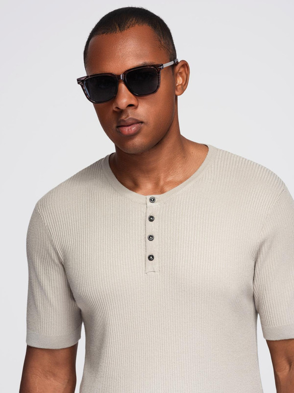 Ombre Clothing Férfi kötött póló gombos nyakkivágással - világosszürke