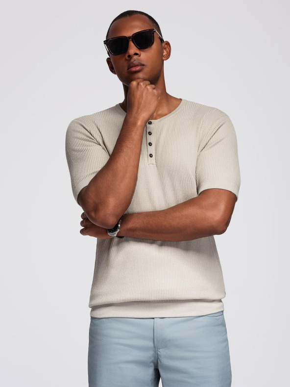 Ombre Clothing Férfi kötött póló gombos nyakkivágással - világosszürke