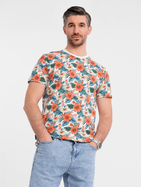 Ombre Clothing Férfi pamut póló virágmintás teljes felületű nyomattal - fehér