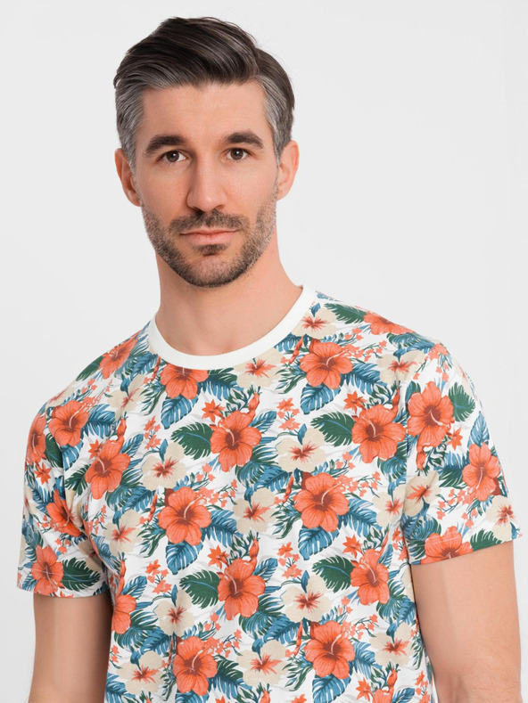 Ombre Clothing Férfi pamut póló virágmintás teljes felületű nyomattal - fehér