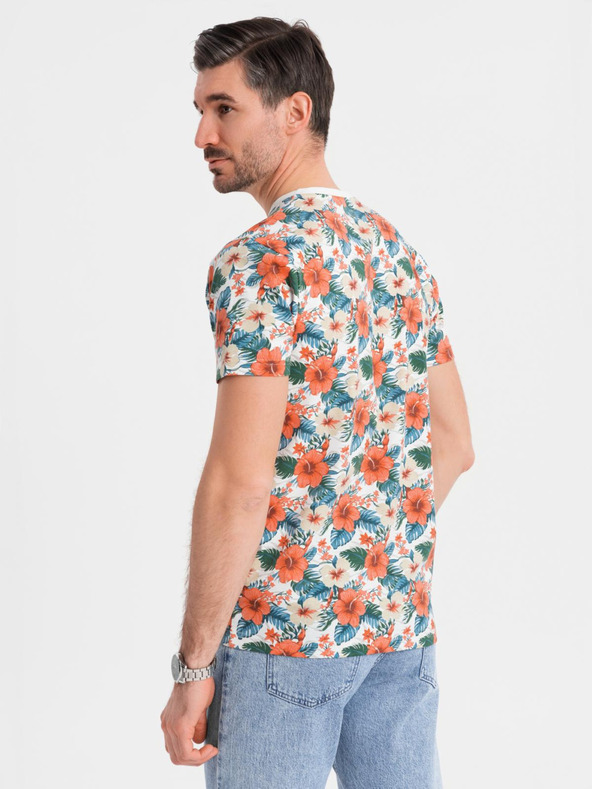 Ombre Clothing Férfi pamut póló virágmintás teljes felületű nyomattal - fehér