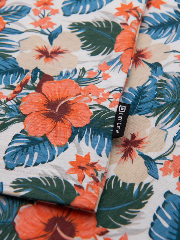 Ombre Clothing Férfi pamut póló virágmintás teljes felületű nyomattal - fehér