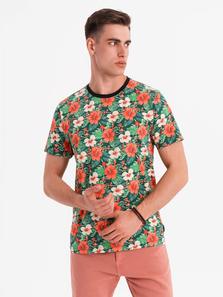 Ombre Clothing Férfi pamut póló virágmintás nyomattal - fekete
