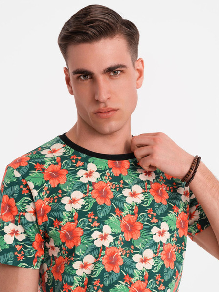 Ombre Clothing Férfi pamut póló virágmintás nyomattal - fekete