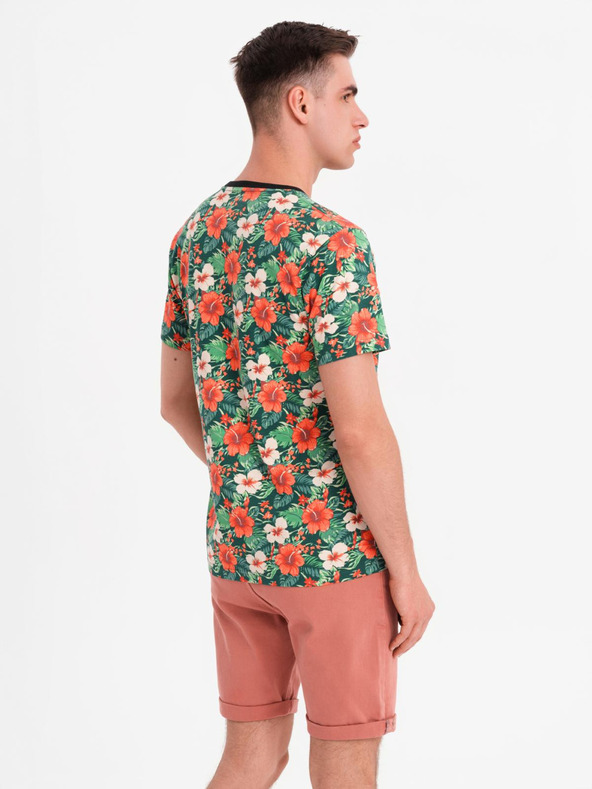 Ombre Clothing Férfi pamut póló virágmintás nyomattal - fekete