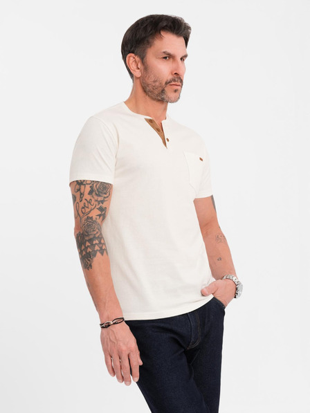 Ombre Clothing Férfi póló gombos nyakkivágással és velúr szegéllyel - fehér