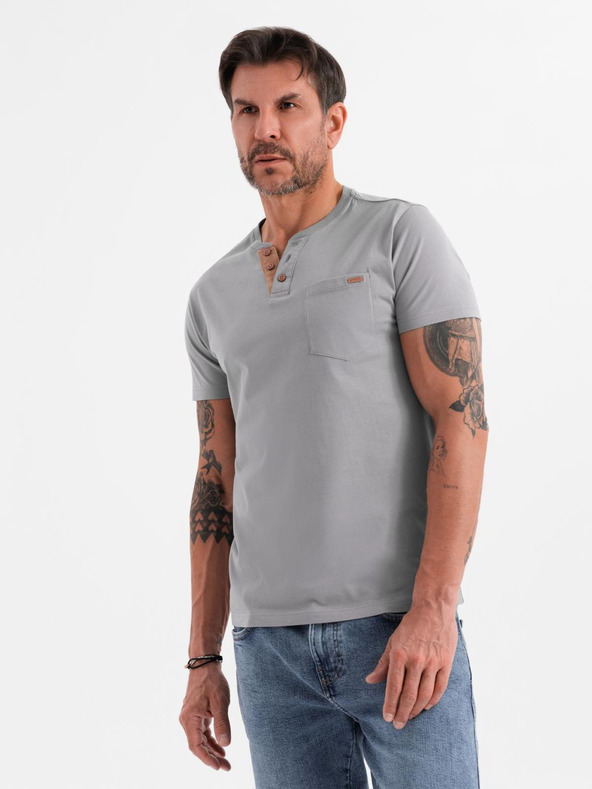 Ombre Clothing Férfi póló gombos nyakkivágással és velúr szegéllyel - szürke