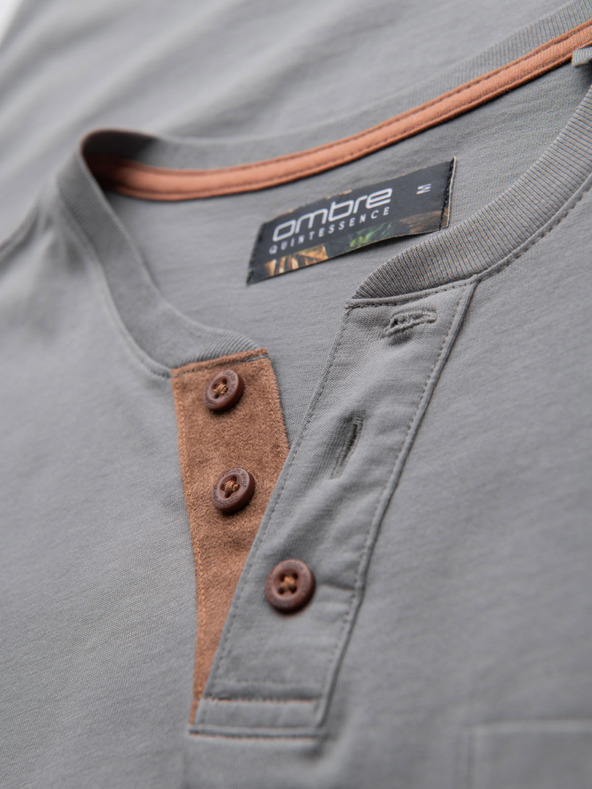 Ombre Clothing Férfi póló gombos nyakkivágással és velúr szegéllyel - szürke