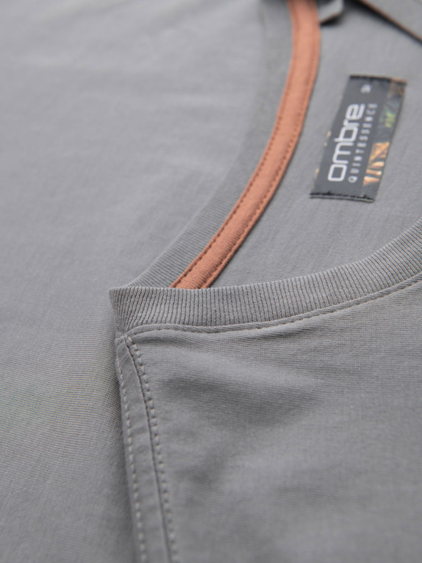 Ombre Clothing Férfi póló gombos nyakkivágással és velúr szegéllyel - szürke