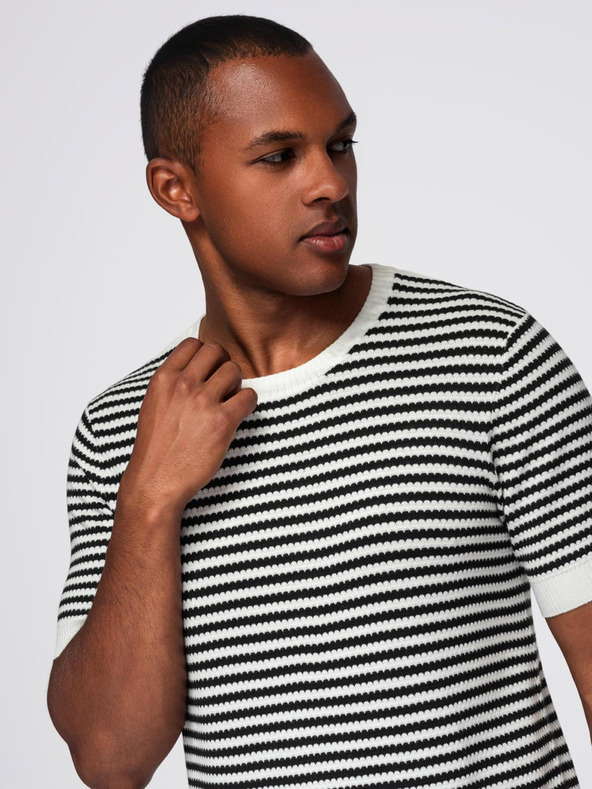 Ombre Clothing Férfi tengerészcsíkos kötött póló áttört mintázattal - fekete-fehér