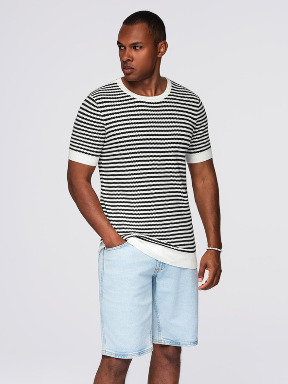 Ombre Clothing Férfi tengerészcsíkos kötött póló áttört mintázattal - fekete-fehér