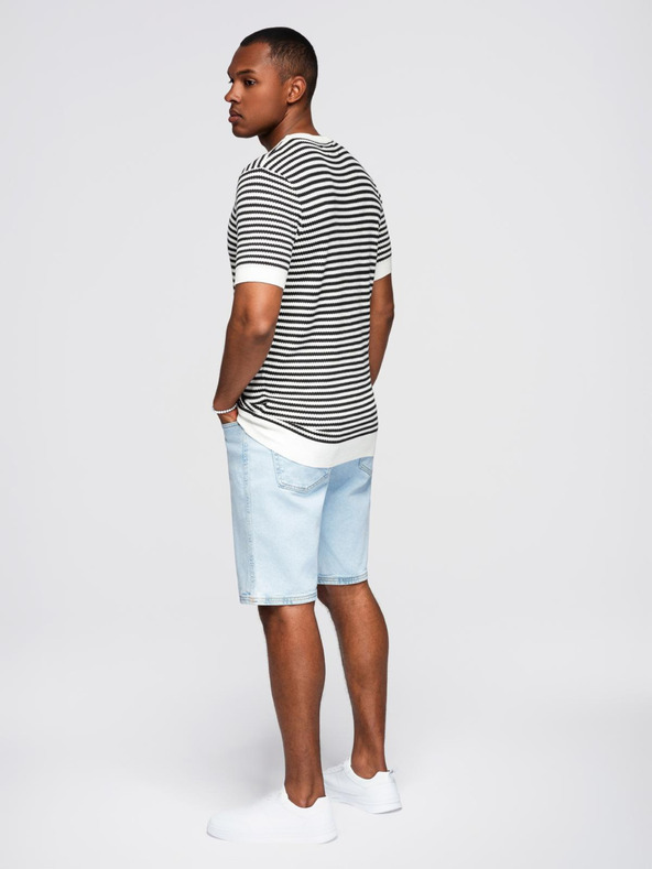 Ombre Clothing Férfi tengerészcsíkos kötött póló áttört mintázattal - fekete-fehér