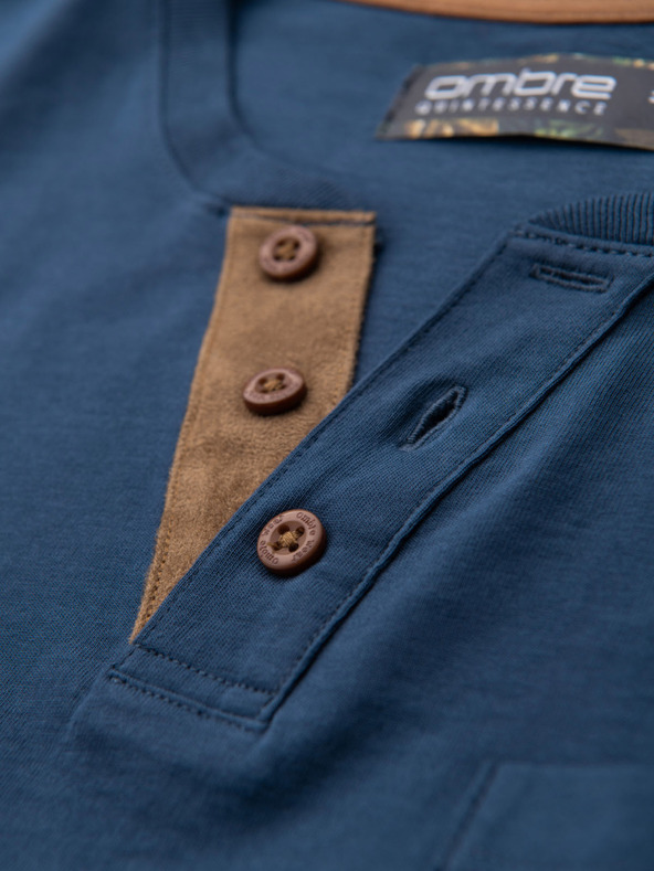 Ombre Clothing Férfi póló gombos nyakkivágással és velúr szegéllyel - sötétkék