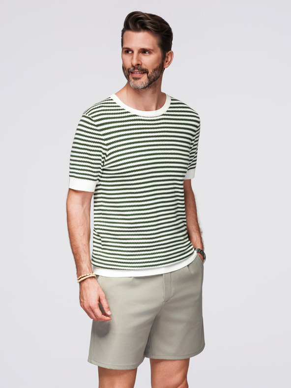 Ombre Clothing Férfi tengeri csíkos kötött póló áttört mintával - olíva és fehér