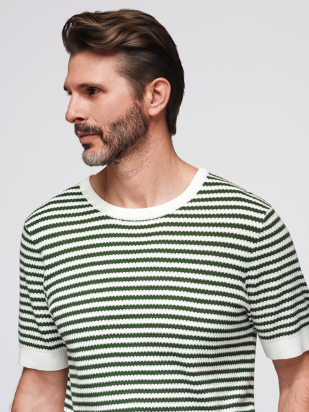 Ombre Clothing Férfi tengeri csíkos kötött póló áttört mintával - olíva és fehér