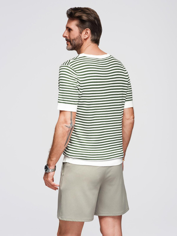 Ombre Clothing Férfi tengeri csíkos kötött póló áttört mintával - olíva és fehér