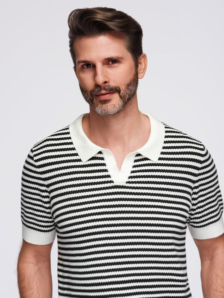 Ombre Clothing Férfi kötött gomblyuk nélküli pólóing tengeri csíkokkal - fekete-fehér